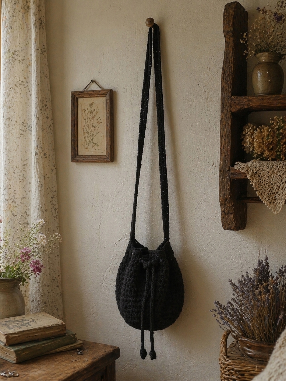 THE SAK Black Crochet Crossbody Shoulder - Tied Long Small Bag with Drawstring